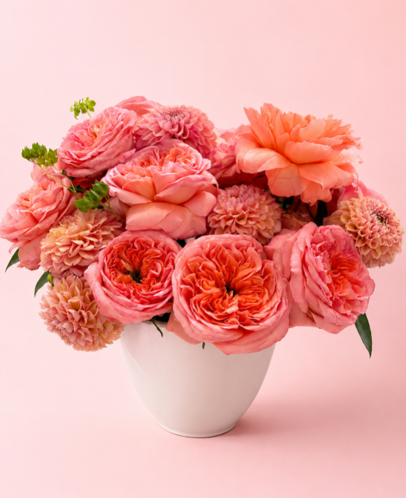 A vibrant bouquet of pink and coral peonies and chrysanthemums arranged in a simple white ceramic vase against a solid light pink background.